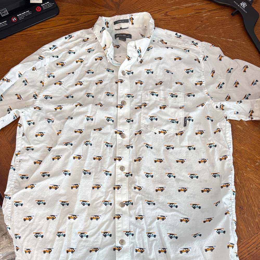 Eddie Bauer White Shirt with Car Pattern
